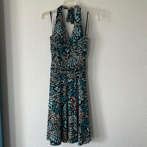 Dark brown, turquoise, aqua and tan, knee length, halter dress